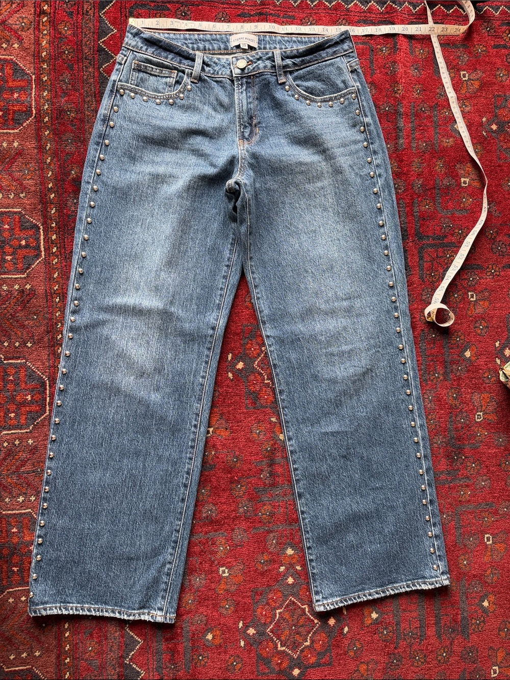 Stud-Embellished Boyfriend Jeans in Blue Denim